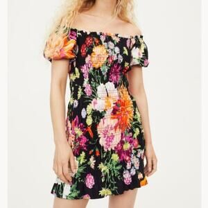 H&M Dress Black Pink Orange Floral Smocked Off Shoulder Puff Sleeve Large NEW